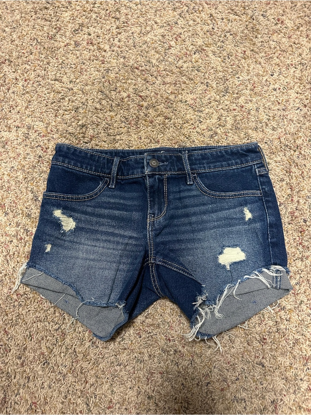 Hollister Dark Blue Distressed Denim Cutoff Lowrise Midi Shorts